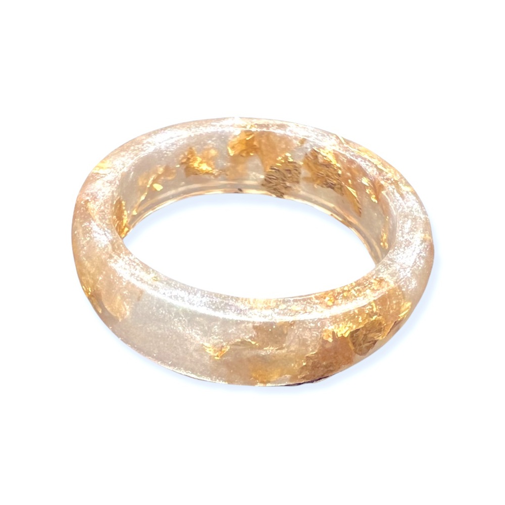 Pearl white resin ring with gold flakes